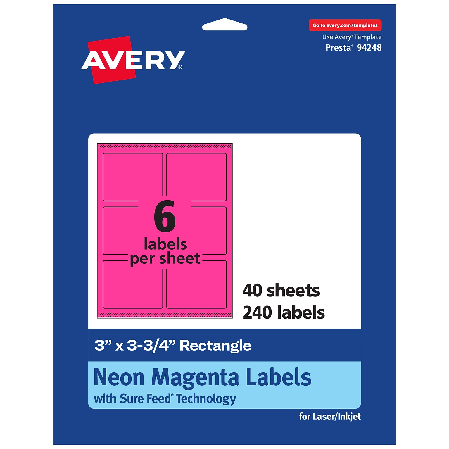 Avery Laser/Inkjet Rectangle Multipurpose Labels, 3 x 3.75, Neon Magenta, 240/Pack (94248)