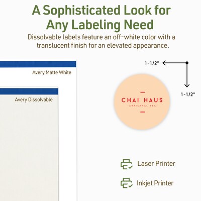 Avery Dissolvable Circle Multipurpose Labels, 1.5" Dia., Off-white, 100/Pack (94506)