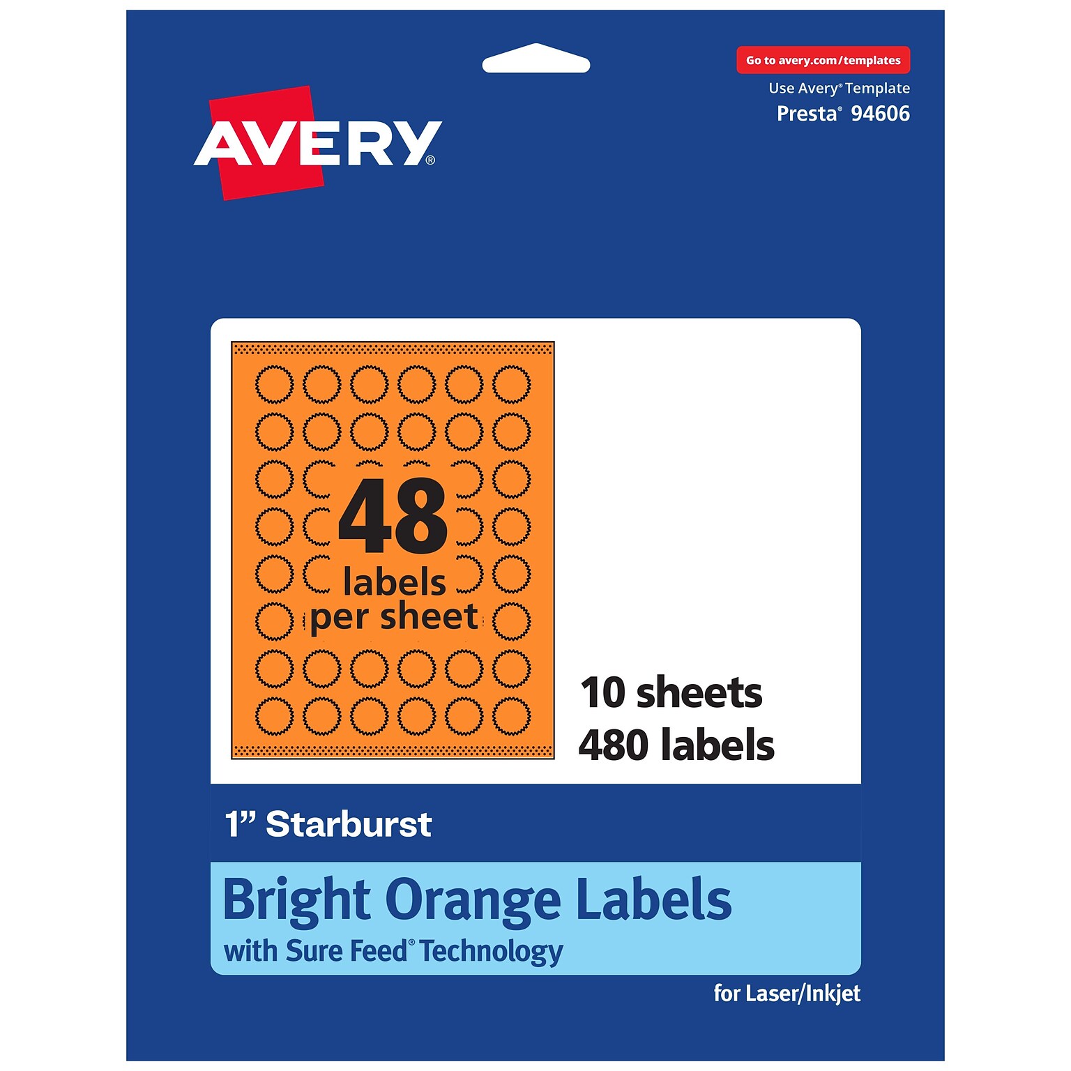 Avery Burst Multipurpose Labels, 1, Bright Orange, 480/Pack (94606)