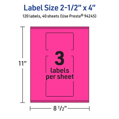 Avery Laser/Inkjet Rectangle Multipurpose Labels, 2.5" x 4", Neon Magenta, 120/Pack (94245)
