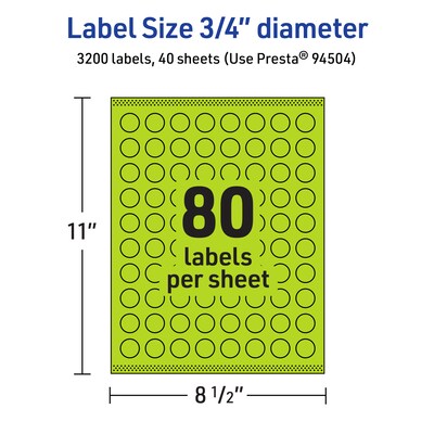 Avery Laser/Inkjet Multipurpose Circle Labels, 0.75" Dia., Bright Green, 3200/Pack (94504)