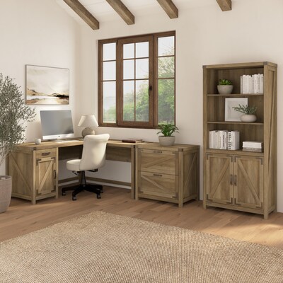 Bush Furniture Knoxville 60W L Shaped Desk with Lateral File Cabinet and 5 Shelf Bookcase, Reclaime