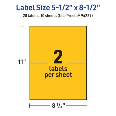 Avery Laser/Inkjet Rectangle Multipurpose Labels, 5.5" x 8.5", Bright Yellow, 20/Pack (94229)