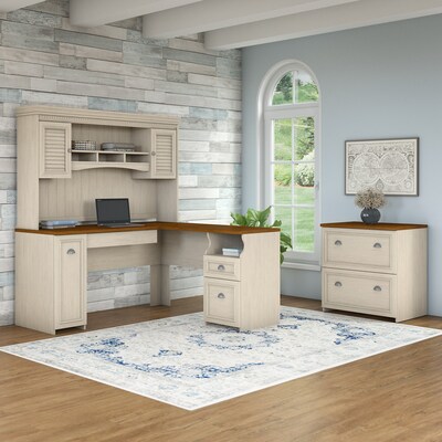 Bush Furniture Fairview 60"W L Shaped Desk with Hutch and Lateral File Cabinet, Antique White/Tea Maple (FV003AW)