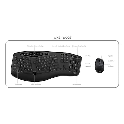 Adesso Wireless Ergonomic Keyboard and Mouse Combo, Black (WKB-1600CB)