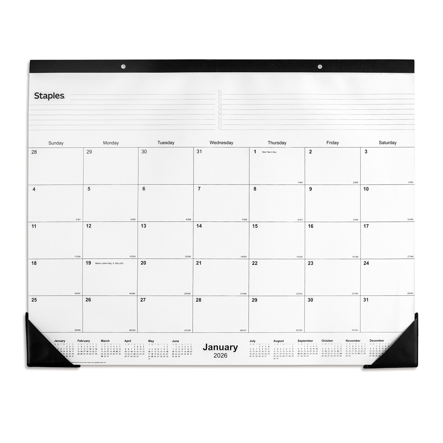 2026 Staples 22 x 17 Monthly Desk Pad Calendar, Unlined, Black/White (ST58448-26)