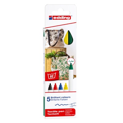 Edding Edd Textile Markers and Pens, 4600 Series Textile Pen, Assorted Ink, 5/Set (EDD446005)