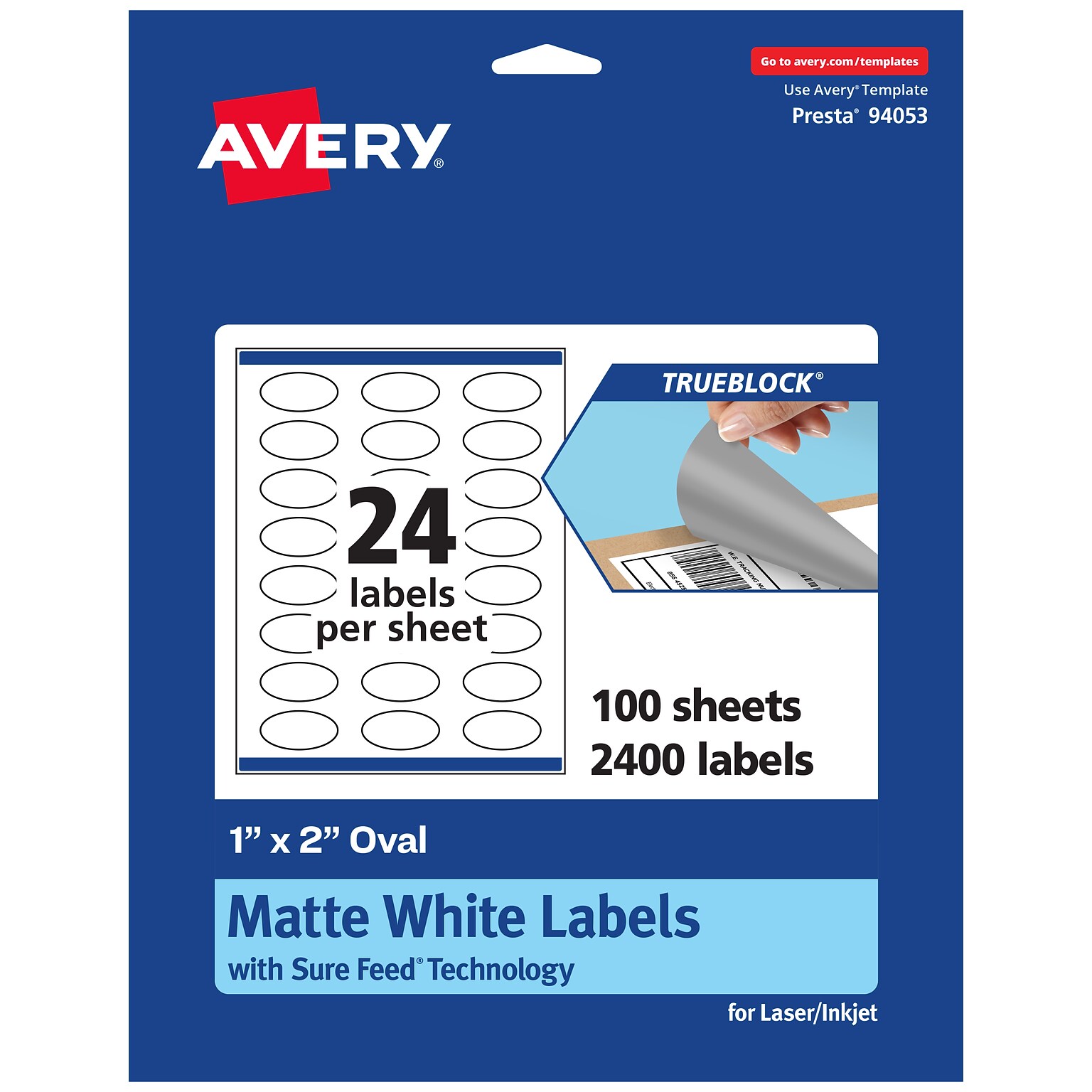 Avery TrueBlock Laser/Inkjet Oval Multipurpose Labels, 1 x 2, White, 2400/Box (94053)