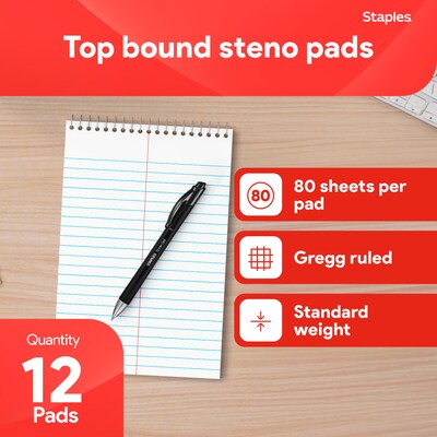Staples Steno Pad, 6" x 9", Gregg Ruled, White, 80 Sheets/Pad, Dozen (ST57354/TR57354)