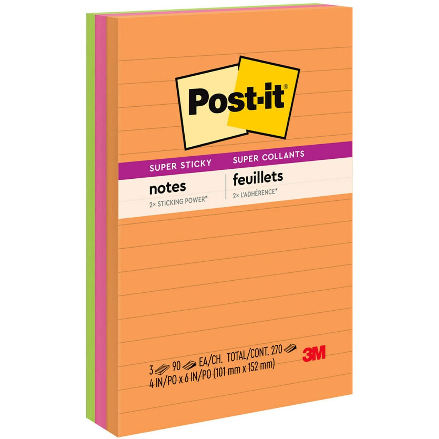 Post-it Super Sticky Notes, 4 x 6, Energy Boost Collection, Lined, 90 Sheet/Pad, 3 Pads/Pack (6603SSUC)