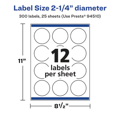 Avery Laser/Inkjet Round Multipurpose Labels, 2.25" Dia., White, 300 Labels/Pack (94510)