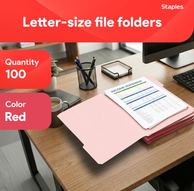Staples File Folders, 1/3-Cut Tab, Letter Size, Red, 100/Box (ST224519-CC)