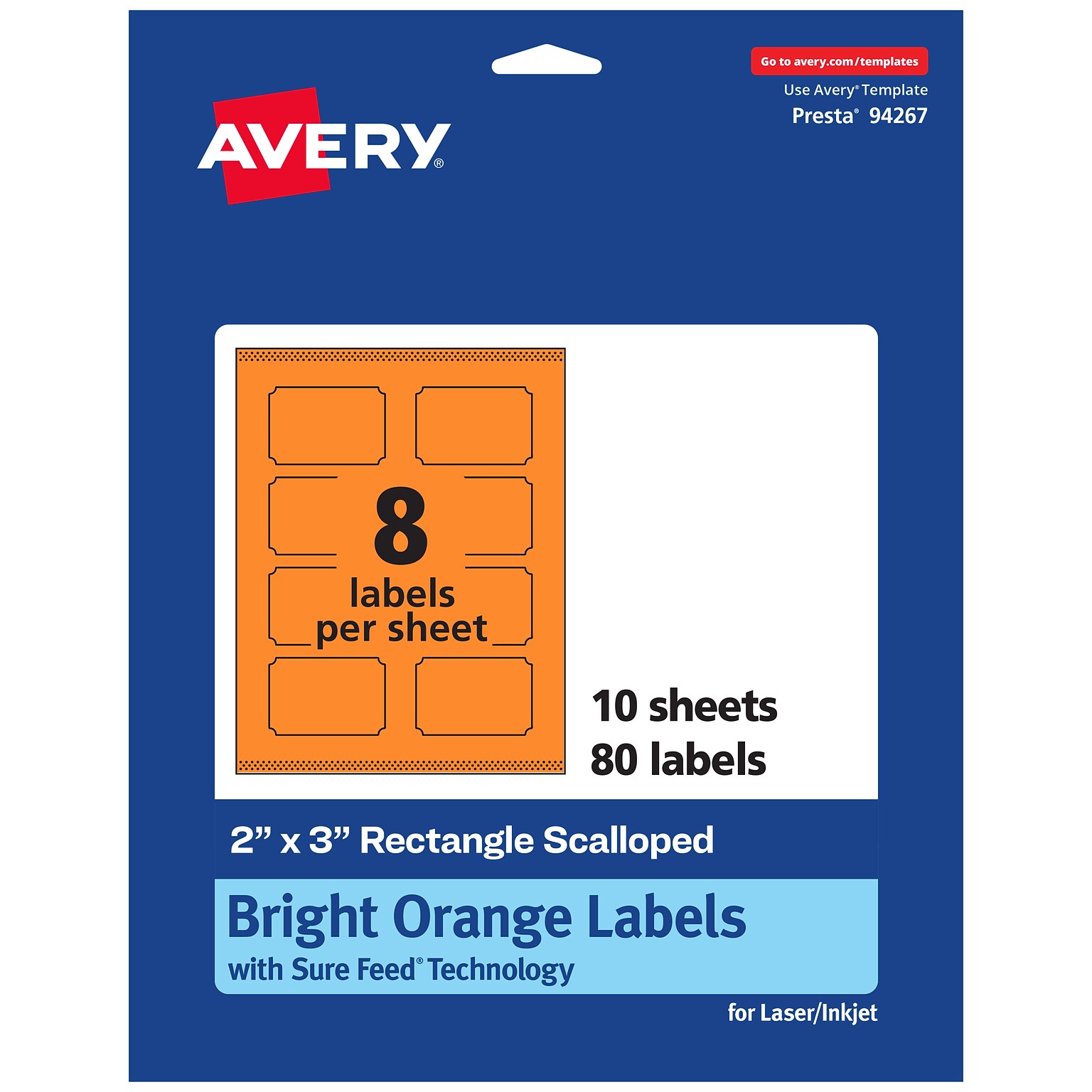 Avery Laser/Inkjet Multipurpose Decorative Edge Labels, 2 x 3, Bright Orange, 80/Pack (94267)
