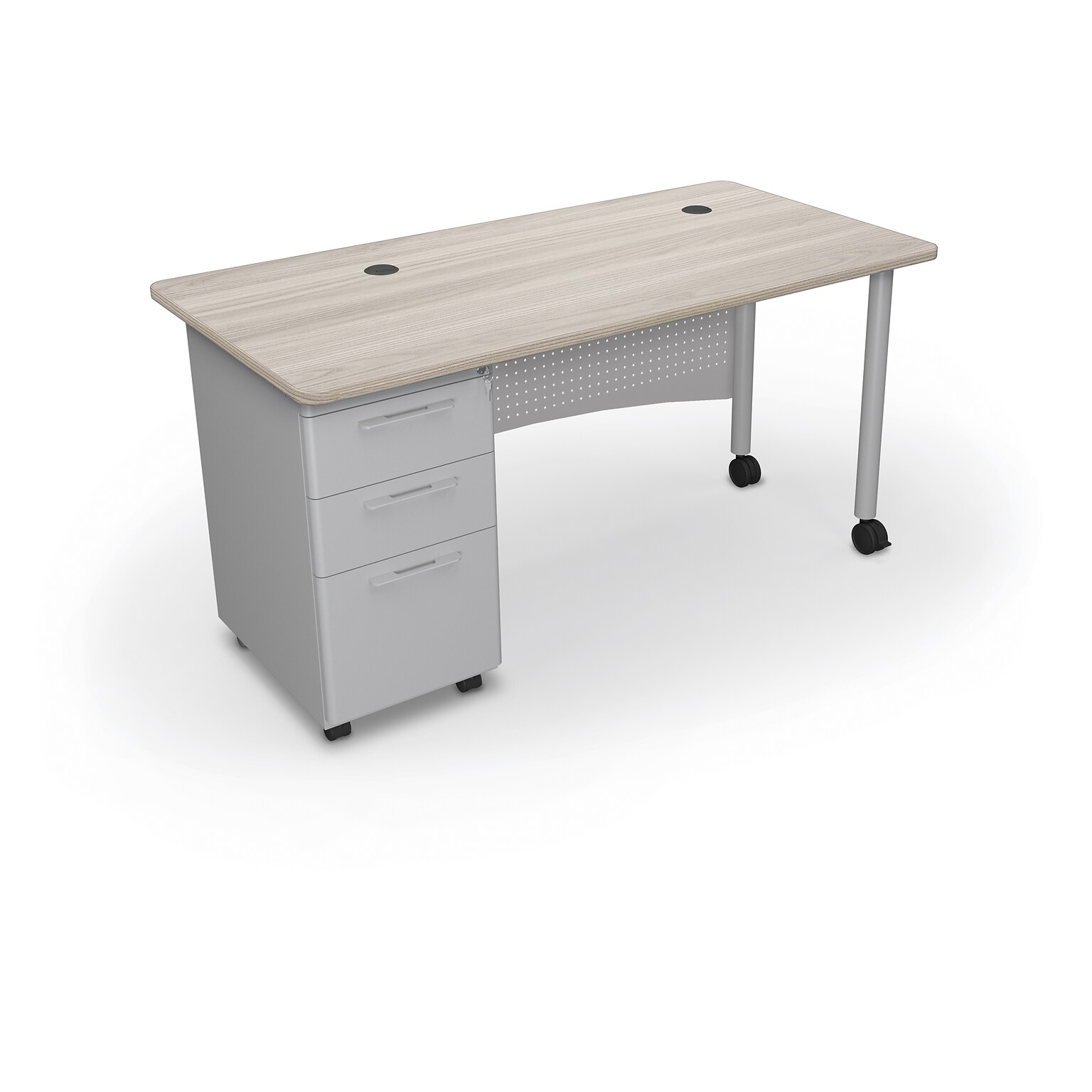 MooreCo Avid Single-Pedestal Teacher Desk, 60W x 30D, Grey Elm/Platinum Base (703673923439)