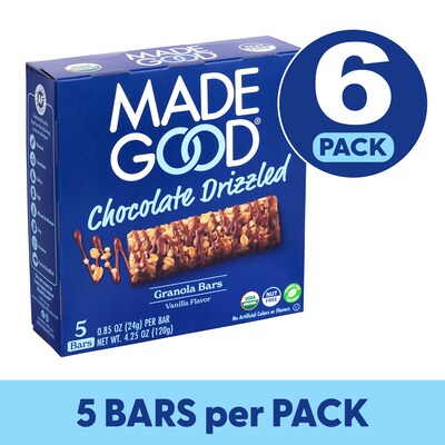 Madegood Gluten Free Chocolate Drizzled Vanilla Granola Bars, 0.85 oz., 5/Box, 6 Boxes/Pack (307-00427)