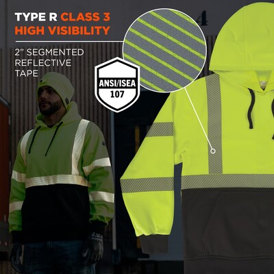Ergodyne GloWear 8317BK High Visibility Long Sleeve Black Bottom Hooded Sweatshirt, ANSI Type R Class 3, Lime, X-Large (22975)