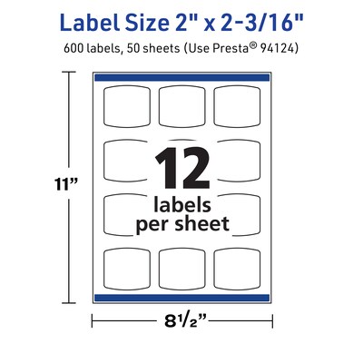Avery TrueBlock Laser/Inkjet Square Multipurpose Labels, 2" x 2-3/16", White, 600/Box (94124)