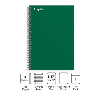 Staples Premium 3-Subject Notebook, 5.88" x 9.5", College Ruled, 138 Sheets, Green (TR58354)