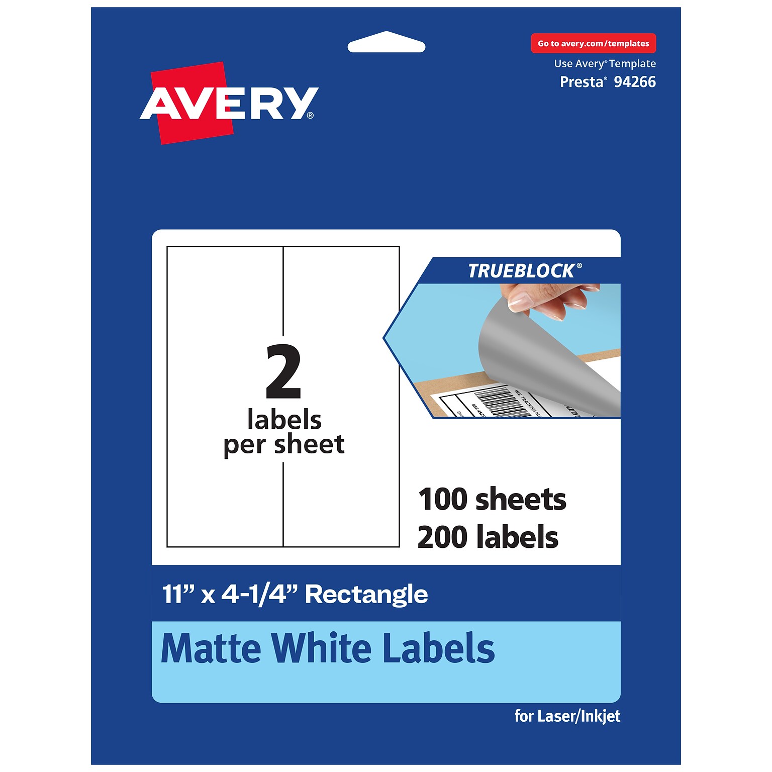 Avery TrueBlock Laser/Inkjet Rectangle Multipurpose Labels, 11 x 4.25, White, 200/Box (94266)