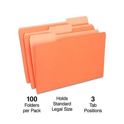 Quill Brand® File Folders, Assorted Tabs, 1/3-Cut, Legal, Orange, 100/Box (741013OE)