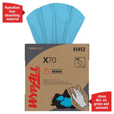 WypAll PowerClean X70 Cloths, 8.34" x 16.8", Blue, 100 Sheets/Box, 10 Boxes/Carton (41412)