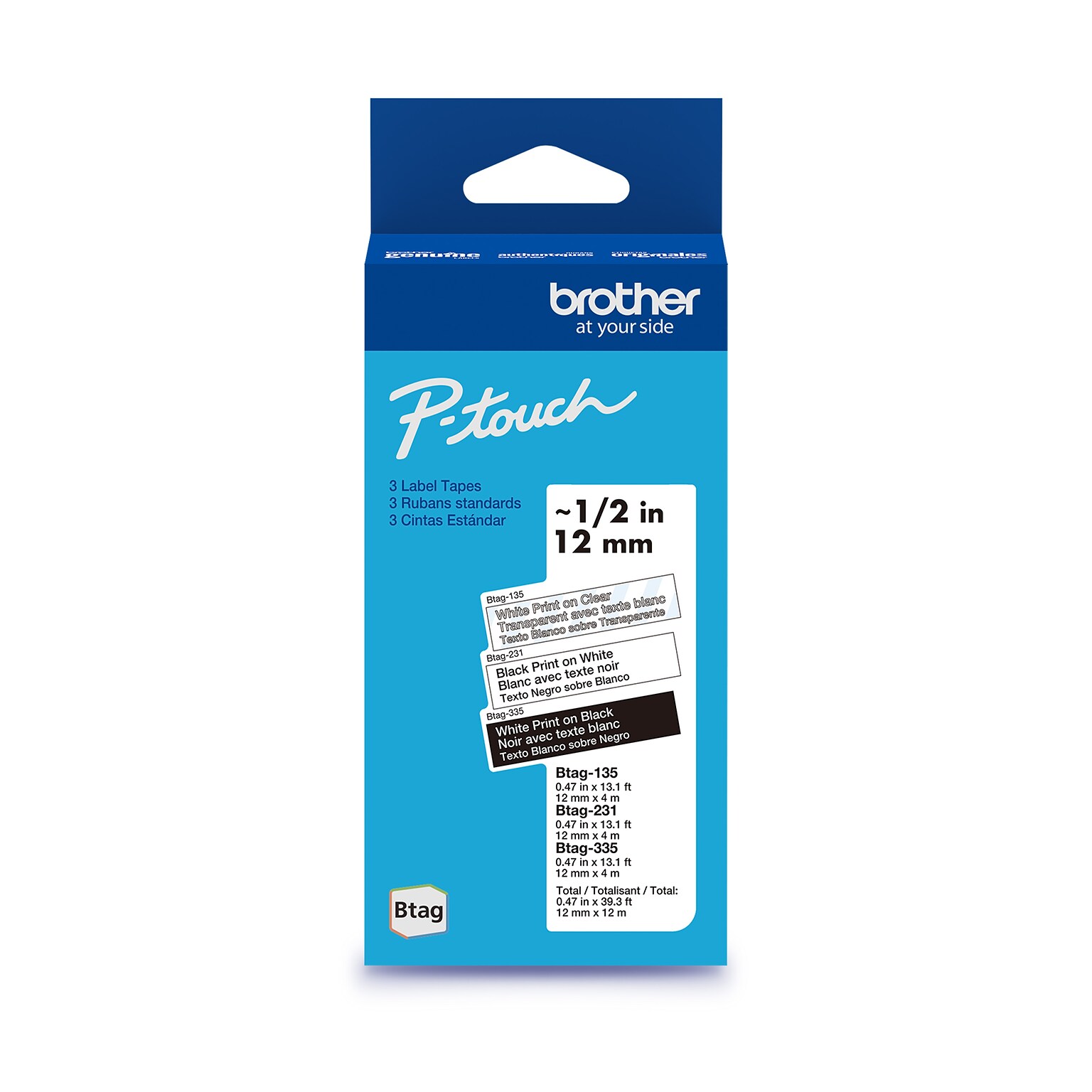 Brother P-touch Btag Label Tape, 1/2 x 13.1’ (12mm x 4m), White on Clear, Black on White, White on Black, 3/Pack (BTAG3M01)