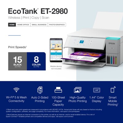 Epson EcoTank ET-2980 Wireless All-in-One Color Supertank Printer, White (C11CL41202)