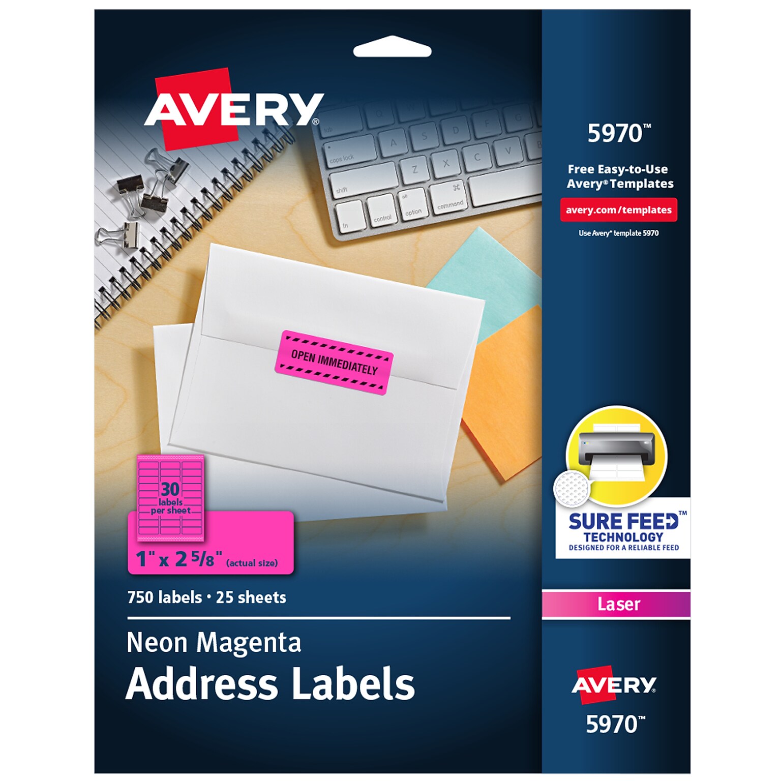 Avery Sure Feed Laser Address Labels, 1 x 2 5/8, Neon Magenta, 750 Labels/Pack (5970)