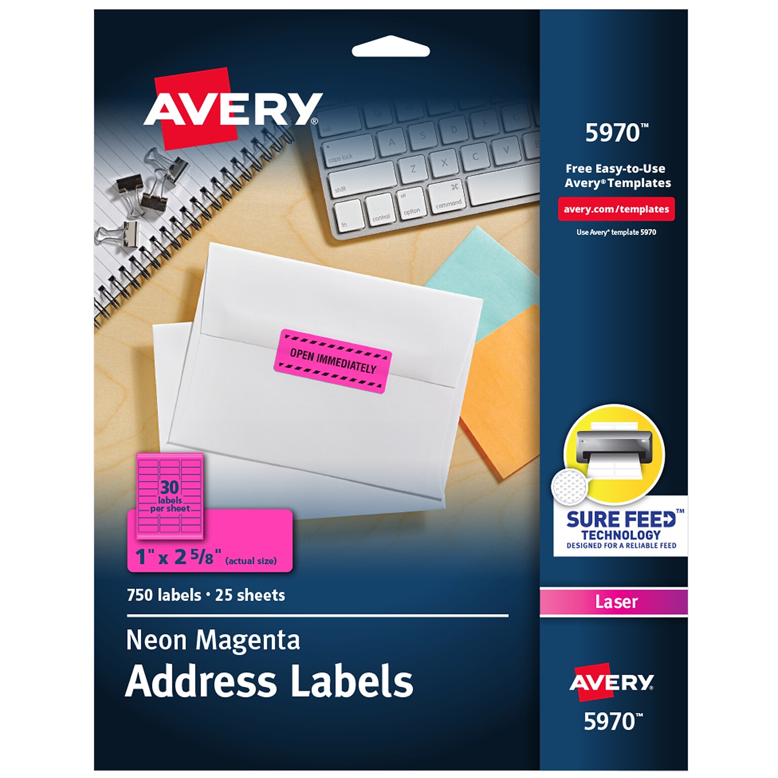 Avery Sure Feed Laser Address Labels, 1 x 2 5/8, Neon Pink, 30 Labels/Sheet, 25 Sheets/Pack   (5970)