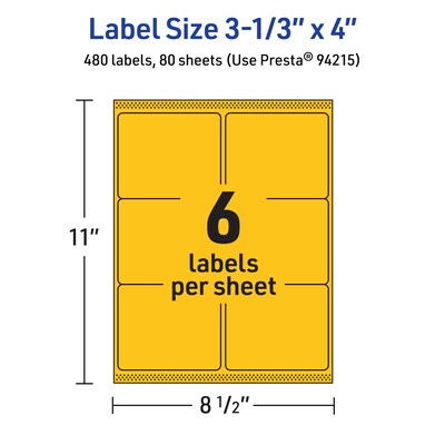 Avery Laser/Inkjet Rectangle Multipurpose Labels, 3-1/3" x 4", Bright Yellow, 480/Box (94215)