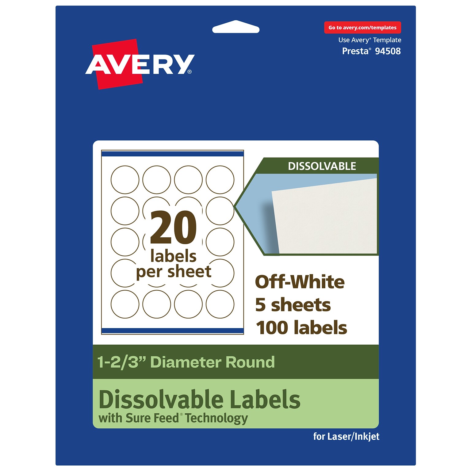 Avery Dissolvable Circle Multipurpose Labels, 1-2/3 Dia., Off-white, 100/Pack (94508)