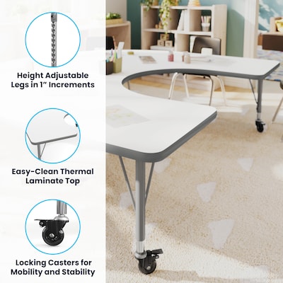 Flash Furniture Wren Horseshoe Activity Table, 66" x 60", Height Adjustable, White Top/Silver Frame (XUA6066HRSEWTPC)