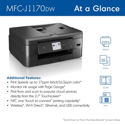 Brother MFC-J1170DW Wireless Inkjet Printer, All-In-One, Print, Scan, Copy, Fax, Refresh Subscription Eligible