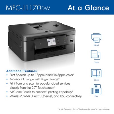 Brother MFC-J1170DW Wireless Color Inkjet Printer, All-In-One, Print, Scan, Copy, Fax