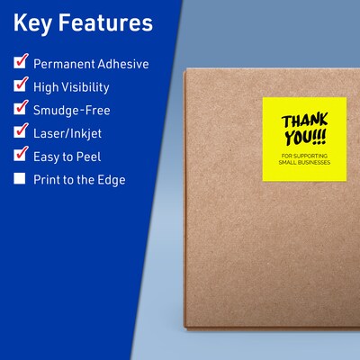 Avery Laser/Inkjet Multipurpose Square Labels, 4 x 4, Neon Yellow, 320/Box (94100)