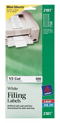 Avery Mini Laser/Inkjet File Folder Labels, 2/3 x 3-7/16, White, 12 Labels/Sheet, 25 Sheets/Pack,