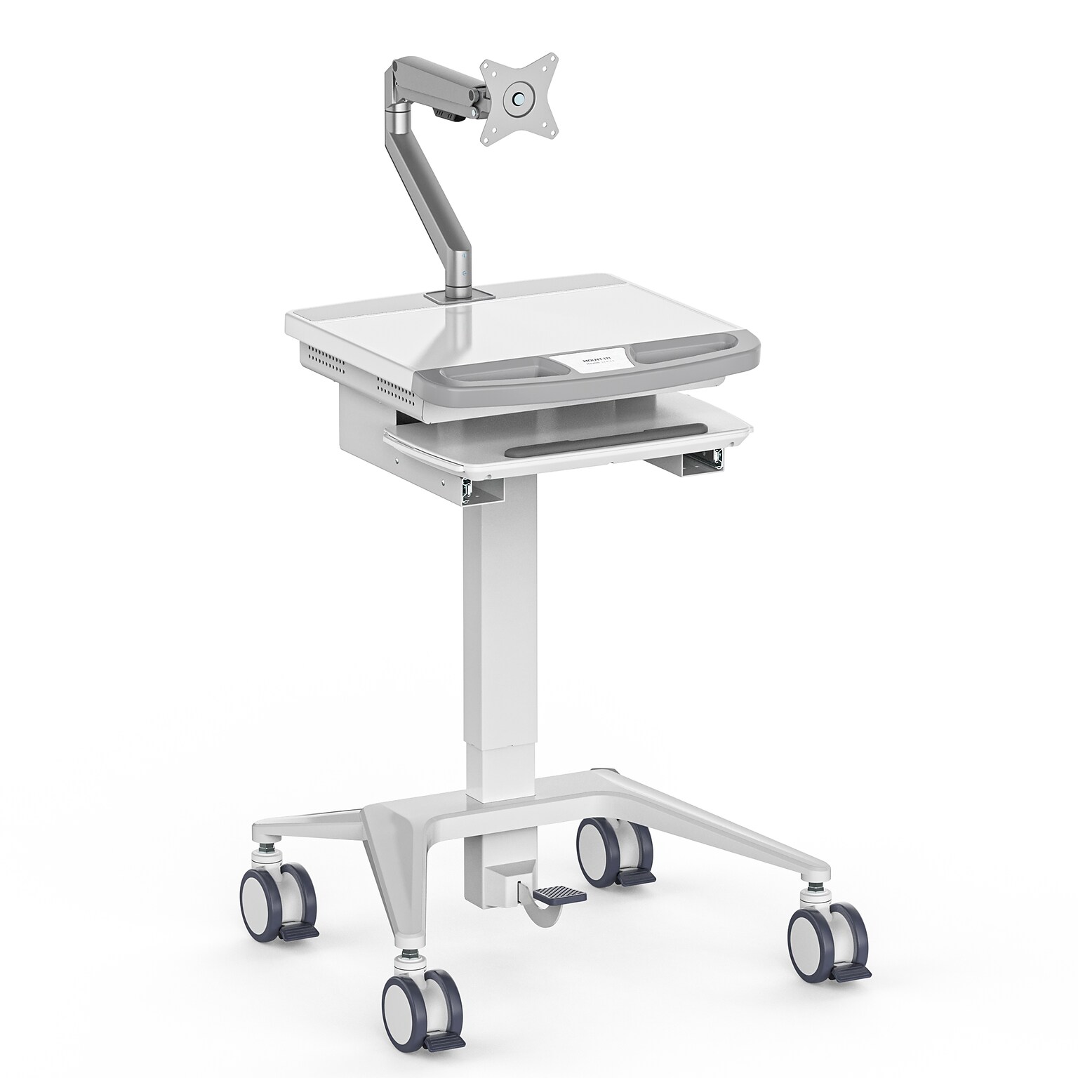 Mount-It! MedHub Mobile Medical Cart Workstation with Spring Arm Monitor Mount and Locking Caster Wheels, White/Grey (MI-16016)