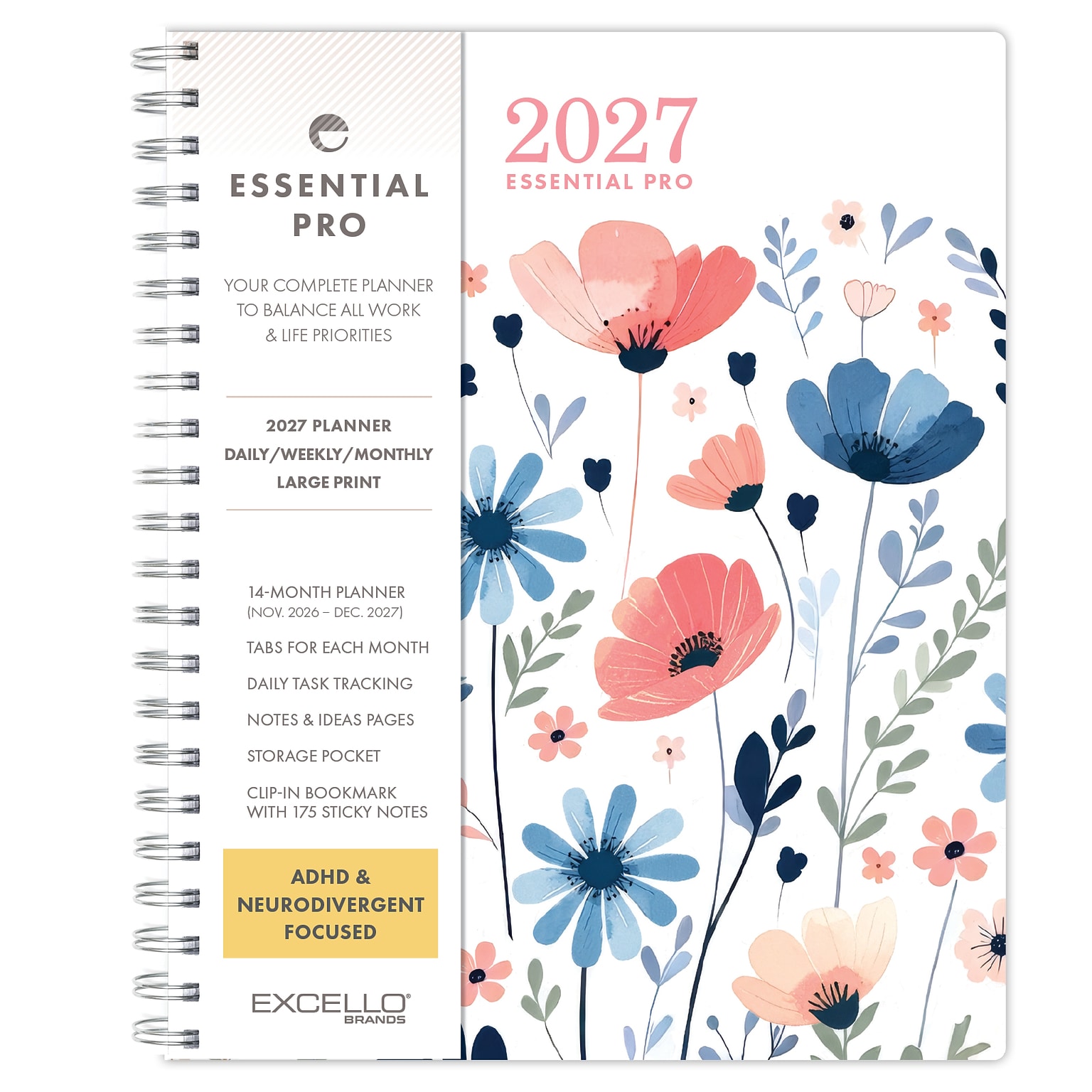 2027 Excello Brands Essential Pro 8.5 x 11 Weekly & Monthly Planner, Colorful Botanicals (ESPRO-CY27-8511-30)