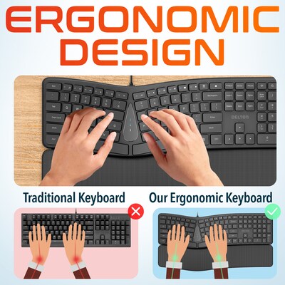 Delton KB250 Wired Ergonomic Keyboard with Cushioned Wrist Rest, USB-A, Black (DKBE250-U)