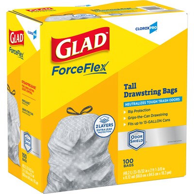 Glad ForceFlex Tall 13 Gallon Drawstring Kitchen Trash Bag, Grey, 100 Total Bags (70427)