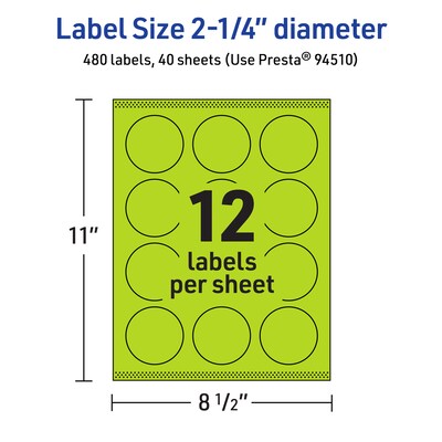 Avery Laser/Inkjet Multipurpose Circle Labels, 2.25" Dia., Bright Green, 480/Pack (94510)