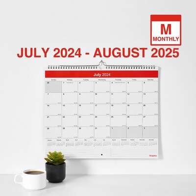 2024-2025 Staples 15" x 12" Academic Monthly Wall Calendar, Red/White  (ST54278-23)