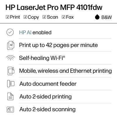 HP LaserJet Pro MFP 4101fdw Wireless Black & White Laser Printer, All-In-One, Print, Scan, Copy, Fax, Best for Office (2Z619F)