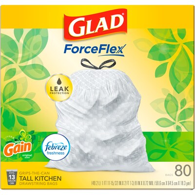 Glad OdorShield 13 Gallon Kitchen Trash Bag, 24" x 27.36", Low Density, 0.78 mil, Gain Original, White, 80 Bags/Box (78900)