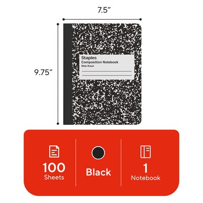 STAPLES Composition Notebook, 9.75” x 7.5”, Wide Ruled, 100 Sheets, Marble Black