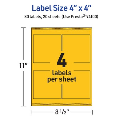 Avery Laser/Inkjet Square Multipurpose Labels, 4" x 4", Bright Yellow, 80/Pack (94100)