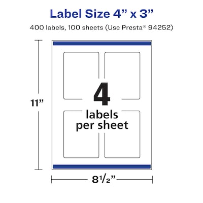 Avery Laser/Inkjet Rectangle Waterproof Multipurpose Labels, 3"  x 4", White, 400/Box (94252)