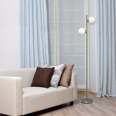 Simple Designs 66" Tall Mid Century Modern Standing Tree Floor Lamp w/ Dual White Glass Globe Shade, Brushed Nickel (LF1044-BSN)