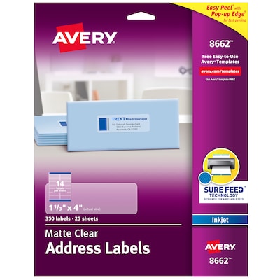 Avery Easy Peel Inkjet Address Labels, 1-1/3 x 4, Clear, 14 Labels/Sheet, 25 Sheets/Pack (8662)