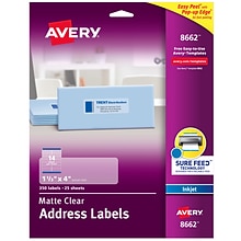 Avery Easy Peel Inkjet Address Labels, 1-1/3 x 4, Clear, 14 Labels/Sheet, 25 Sheets/Pack (8662)
